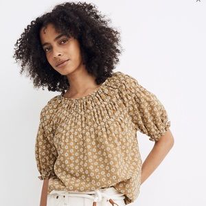 Daisy Embroidered Shirred Puff-Sleeve Top